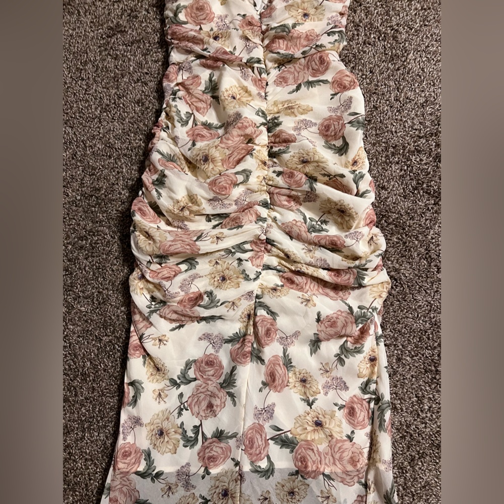 Vici Floral Ruched Midi Dress in Cream with Pink & Green Accents - Picture 15 of 16